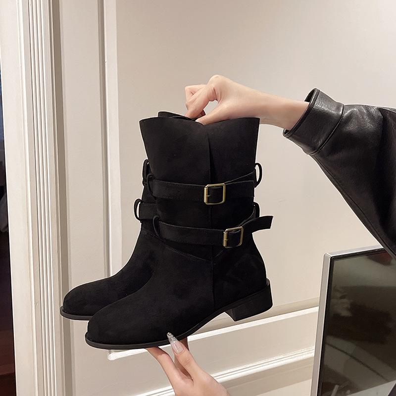 Fashion European and American Style Retro Matte Polished Cowhide Women's Boots 2025 Autumn and Winter Trendy Medium Boots Knight Boots