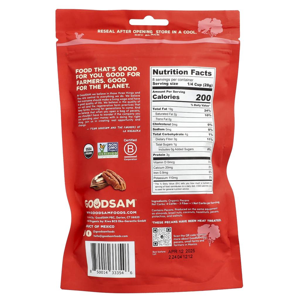 GoodSam PBC Organic Pecan Halves, Raw and Unsalted, 8 oz (227 g)