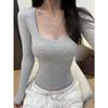 Women's Blue U-Neck Spicy Slim Fit Long Sleeve Top for Autumn and Winter