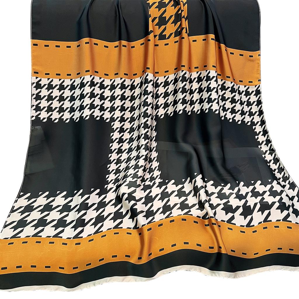 New color matching thousand bird grid long silk scarf women's commuting versatile temperament shawl seaside thin sunscreen beach towel