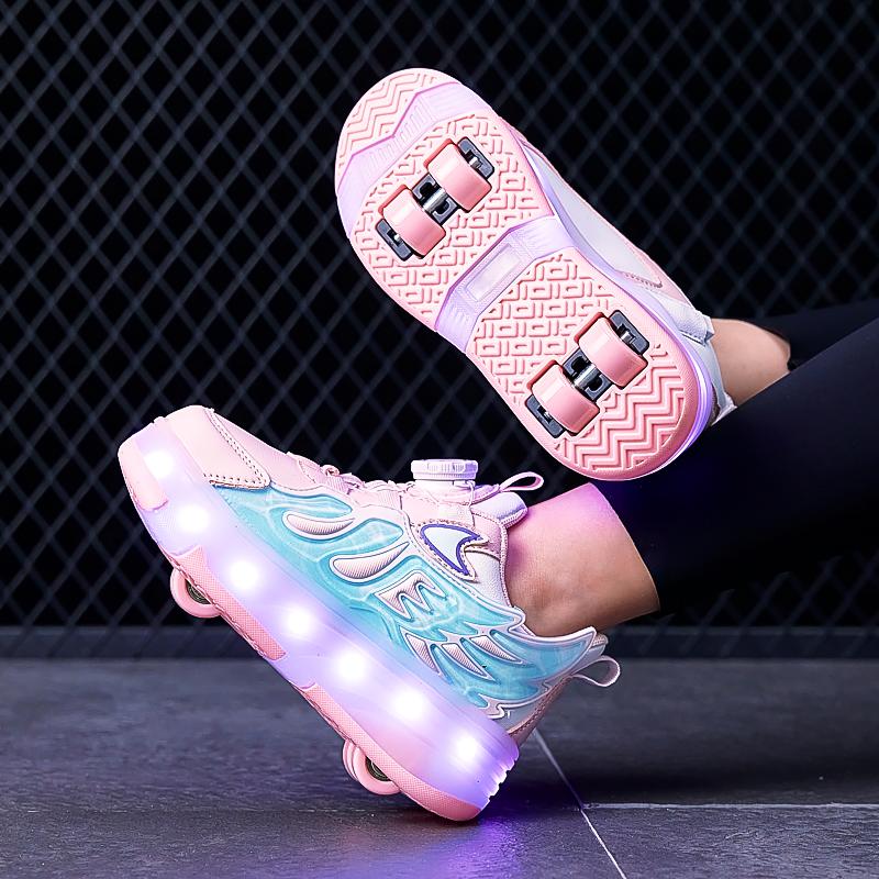 28-37 Children's Four-wheel Disassembly Into Flat Sports Shoes LED Illuminated Children's Illuminated Sports Shoes