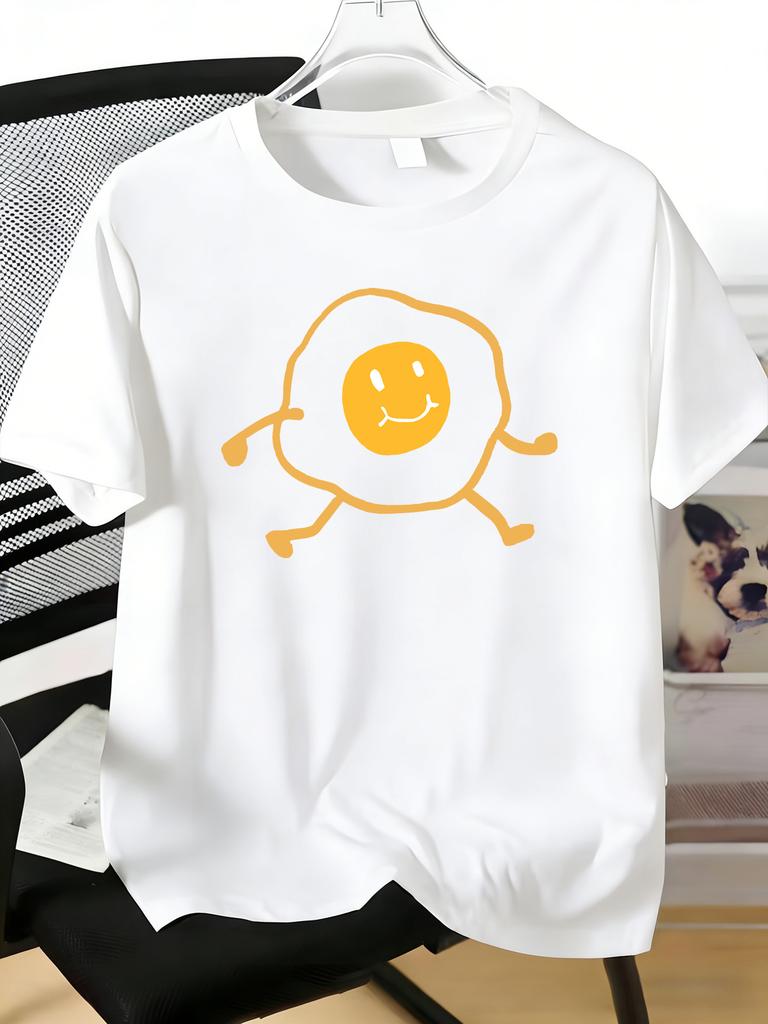 Unisex Daily Casual Short Sleeve T Shirt Adorable Moving Fried Egg Smiley Cartoon Graphic Light Cotton Male Street Summer Basic Tee