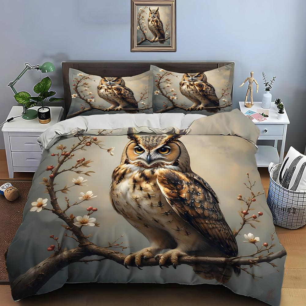 Owl Perched On Flowering Branch Bedding Set for Kids Luxury Gift 3pcs Digital Print Comforter Set Soft Comfortable Breathable