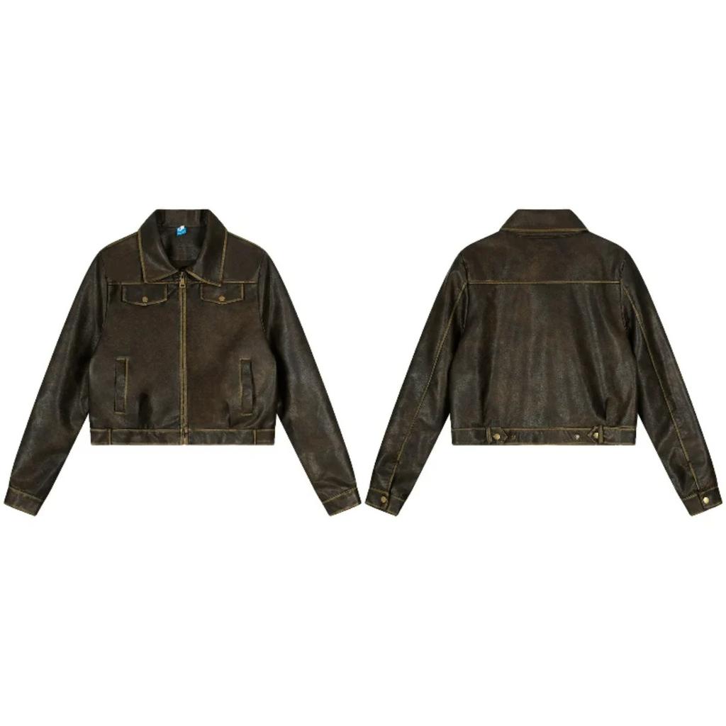 2KWEIRD Hot Girl Short PU Leather Jackets Retro Autumn Women Coats American  Pocket Coffee Faux Clothing Cropped Tops