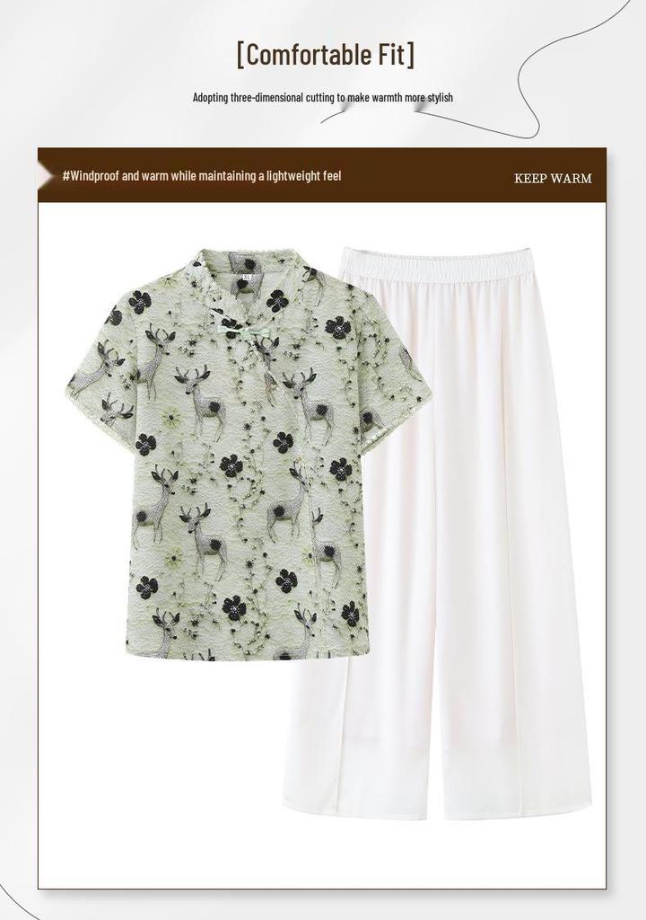2026 Summer Fashion Plus Size Two-Piece Suit: Short Sleeve T-shirt & Pants for Stylish Middle-Aged and Elderly Moms