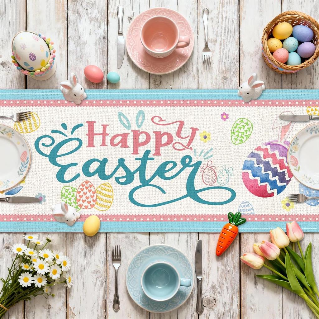 Hexagram Easter Table Runner, Easter Table Runners 72 Inches Long Bunny Eggs Spring for Party Home Dinner Decor