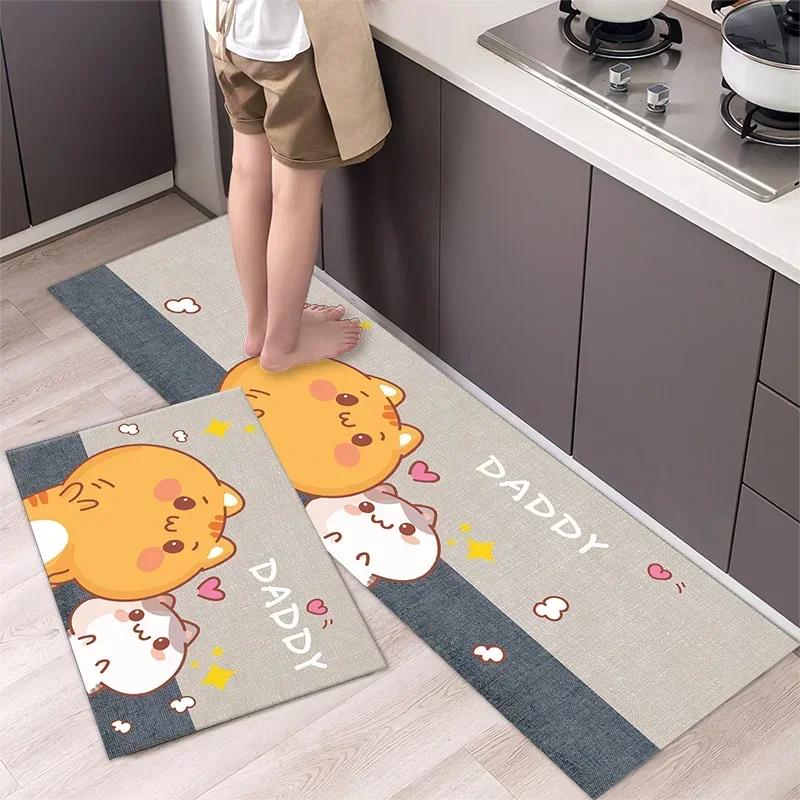 Cute Cat 'Happy Every Day' Kitchen Mat Non-Slip Machine Washable Rug Set for Home Decor Anti-Fatigue Floor Mats