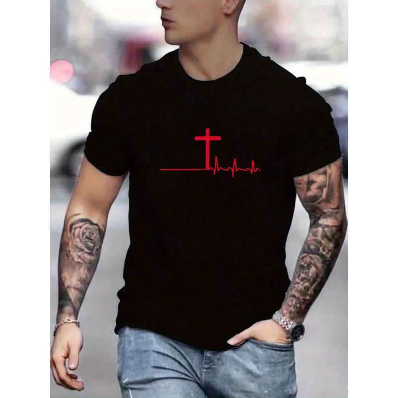 Europäische Größen Herren Sommer Mode Lässiges Kurzarm T-Shirt mit Kreuz Print Tee, Normale Passform mit Leichter Dehnung, Atmungsaktives Oberteil für Herren