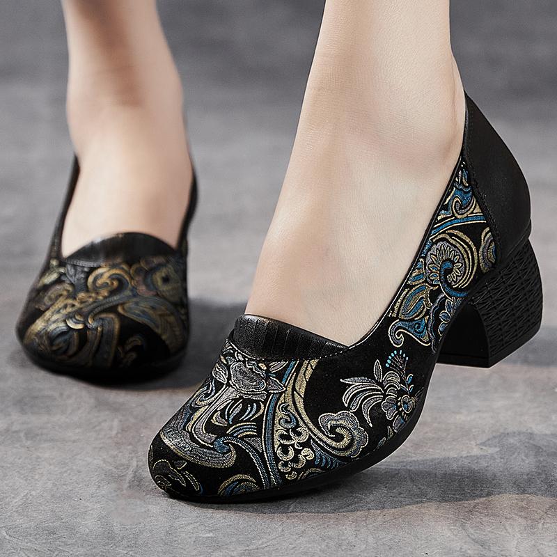 Fashion GKTINOO 2025 Spring New Ethnic Style Round Toe High Heels Shoes Versatile Retro Genuine Leather Pumps Women's Shoes
