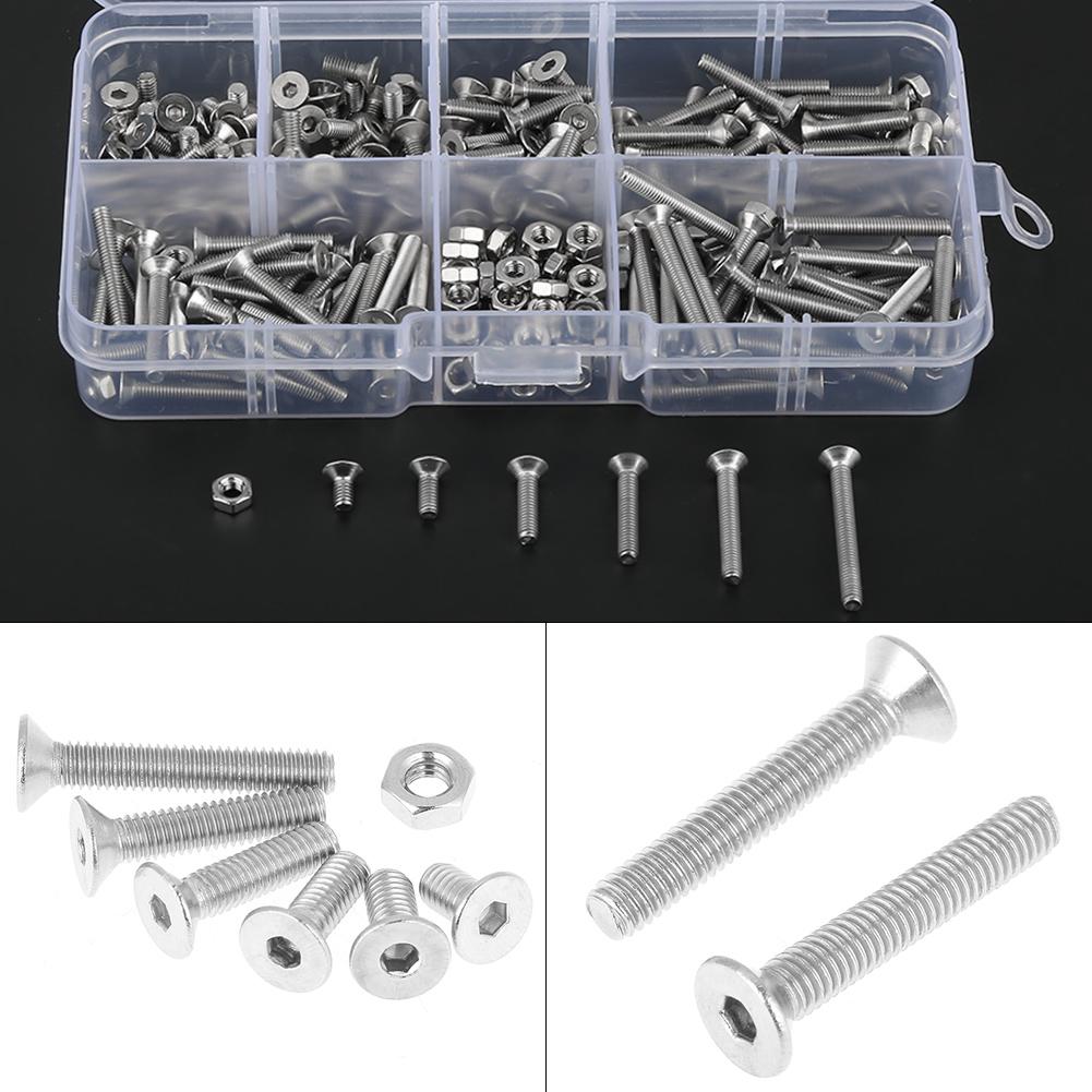 260pcs M3 304 Stainless Steel Hex Socket Flat Head Screw Bolts Nuts Kit With Box