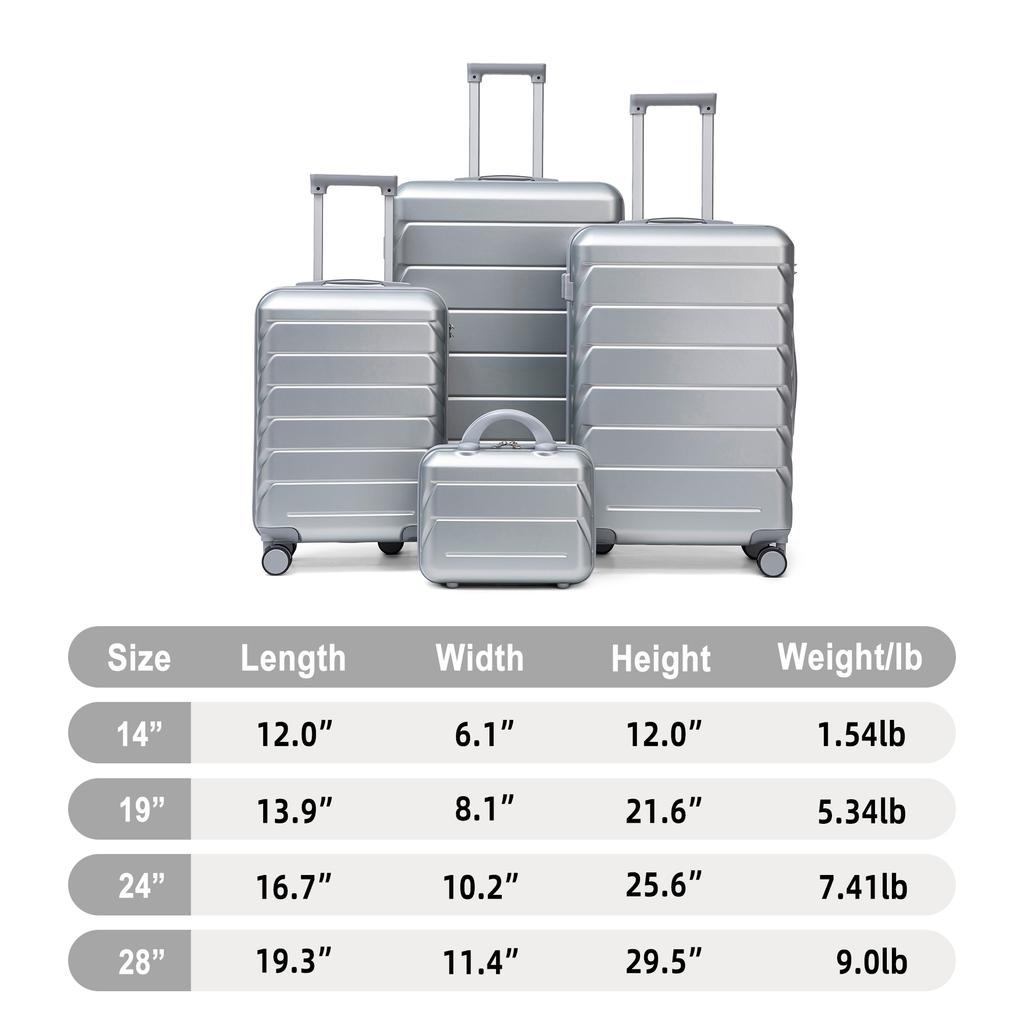 14"/19"/24"/28" 4-Piece ABS Spinner Luggage Set – Large & Medium Sizes – Integrated Combination Lock & 14" Cosmetic Bag (Silver)