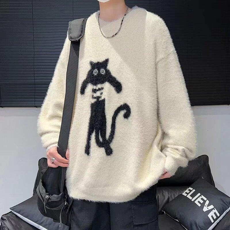 Men's Cute Cat Pattern Sweater Loose Crew Neck Knitted Pullover Long Sleeve Autumn Jumper Winter Warm Clothes