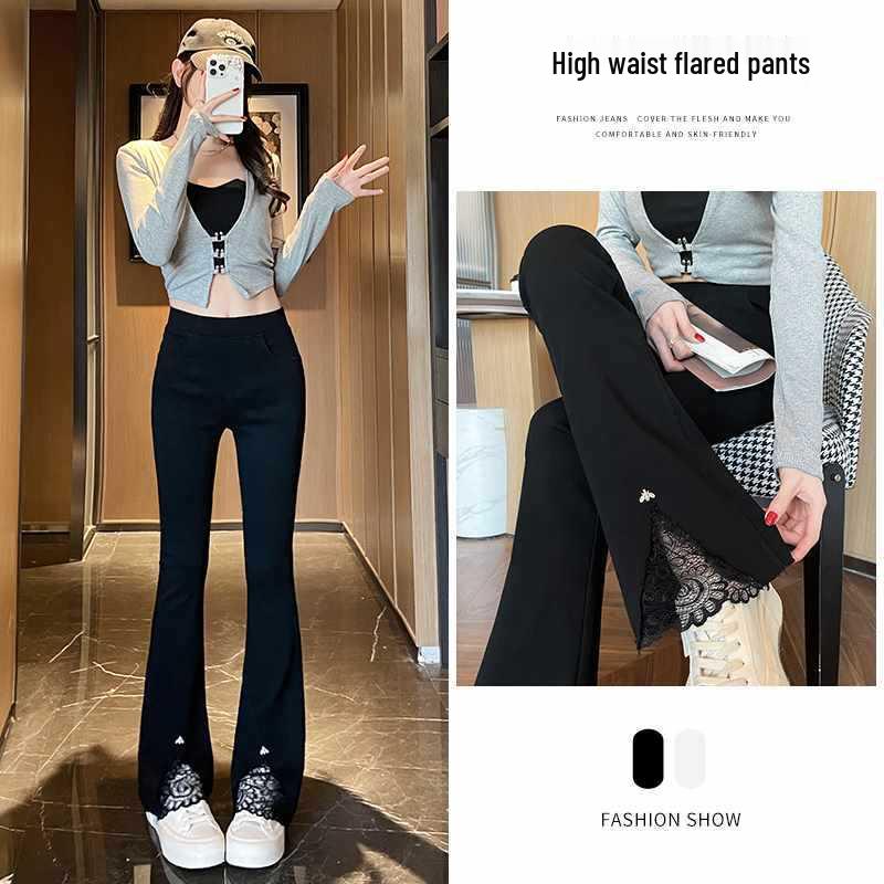 Women s High-Waisted Black Lace Spliced Flare Pants - Slim-Fit, Versatile Spring Style S