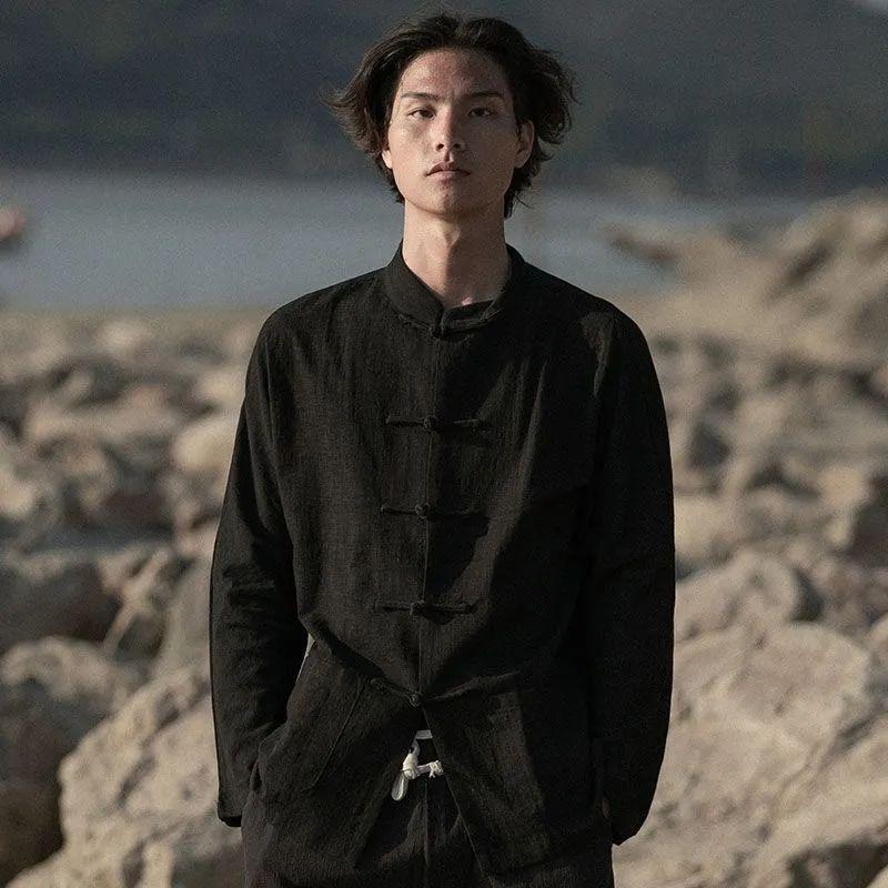 Men's Chinese Style Buttoned Cotton-Linen Stand Collar Shirt, Retro Long-Sleeve Top for Spring and Autumn