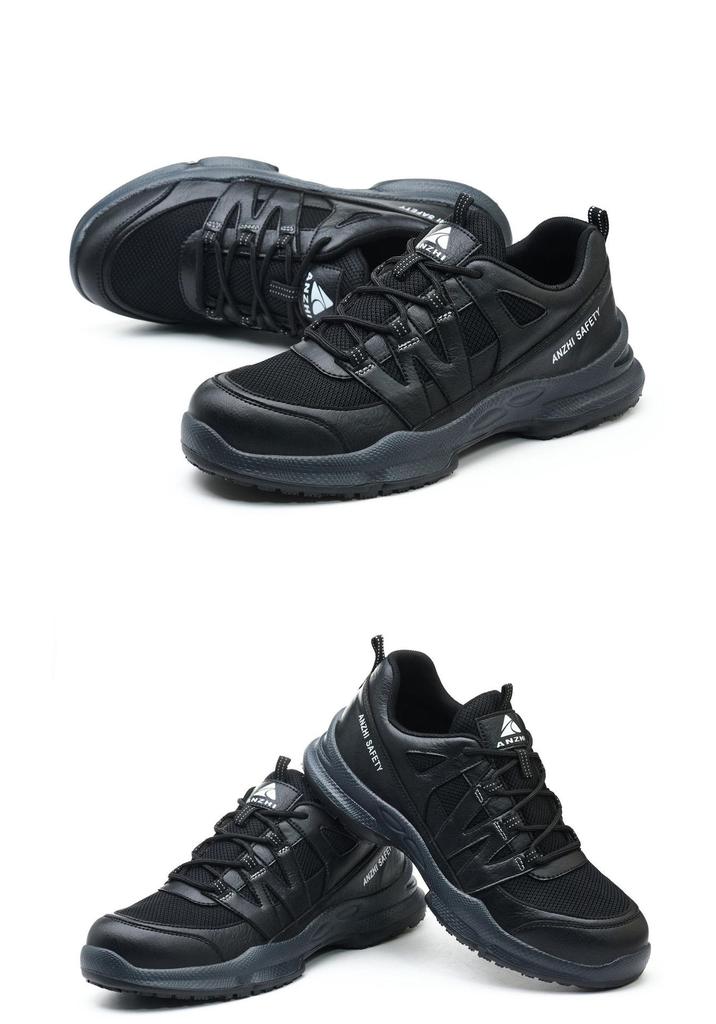 Anzhi Men's Black Low-Top Safety Shoes: Anti-Smash, Anti-Puncture, Breathable, Non-Slip, Wear-Resistant for Summer Construction.