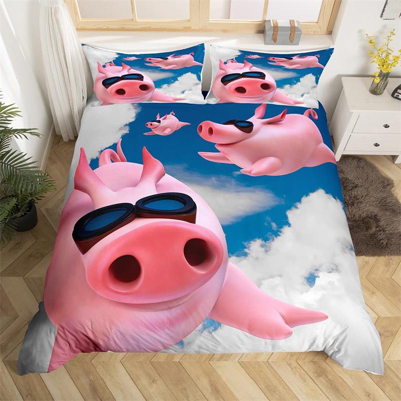 Cartoon Cute Pink Pig Duvet Cover for Children Boys Girls Microfiber Pigs Floral Cartoon Farm Animals Theme Bedroom Decorations