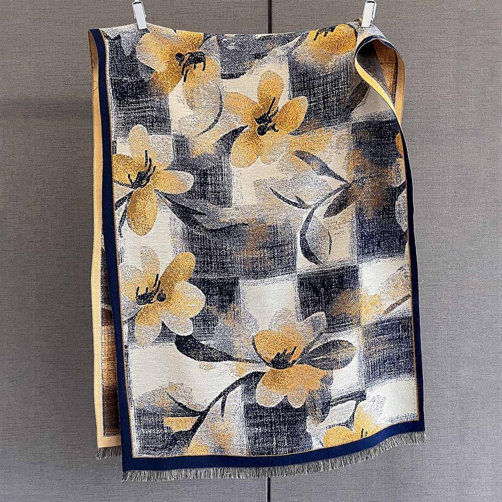 Autumn New Plant Flower Print Scarf Autumn and Winter Imitation Cashmere High-end Warm Scarf Shawl Women