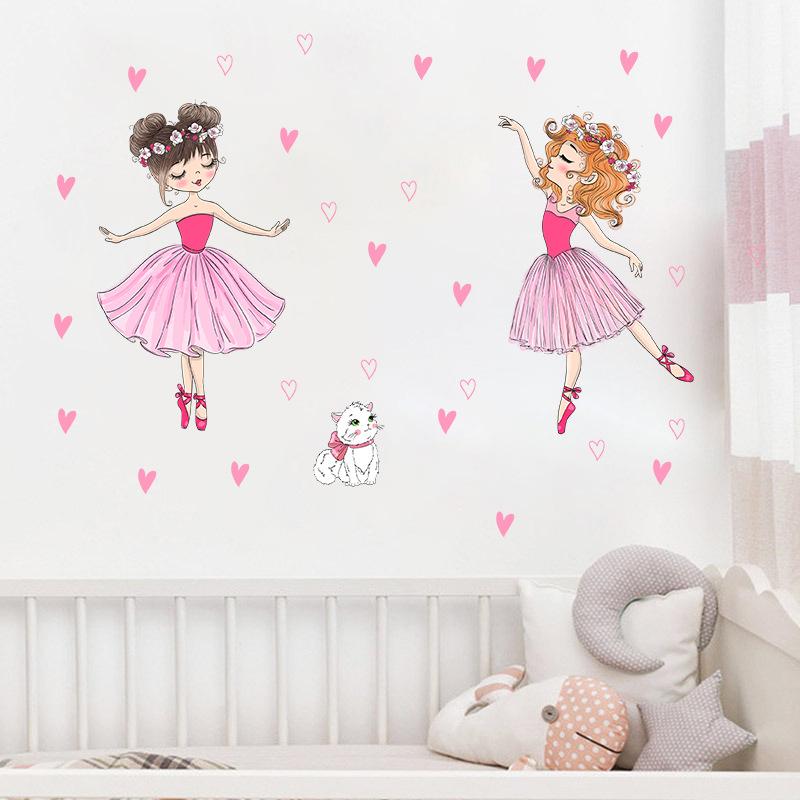Cartoon Ballet Dancing Cat with Heart Stickers for Girls Room Wall Decor Kids Bedroom Nursery Removable Wall Art