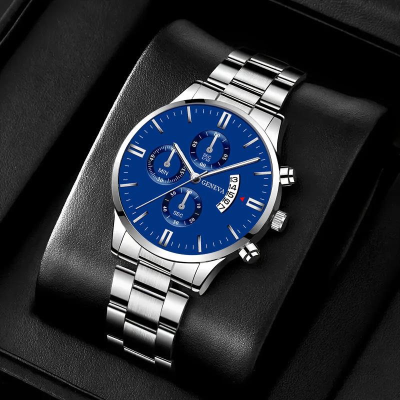2pcs/Set FashionabAAle Men Bracelet Calendar Watch Business Casual Stainless Steel Quartz Watch As A Gift for Students Returning To School