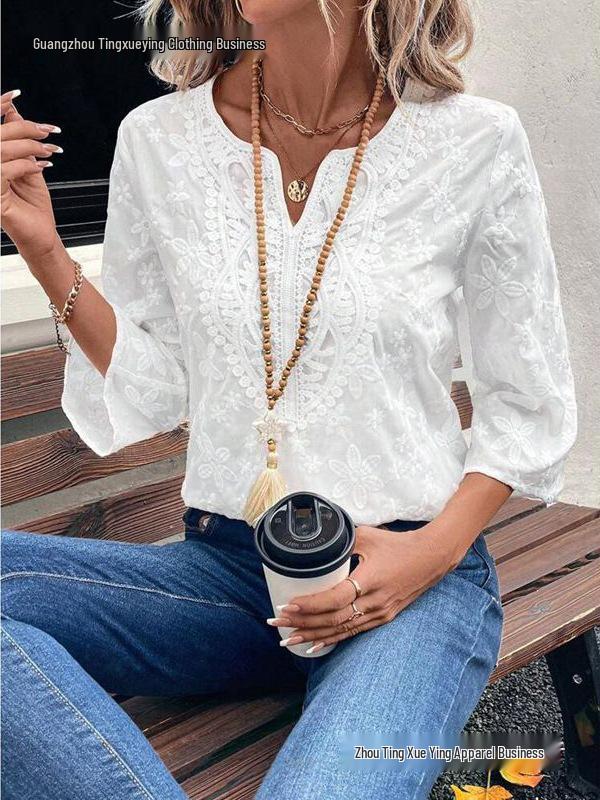 Spring & Autumn Casual Embroidered Lace V-neck Women's Top