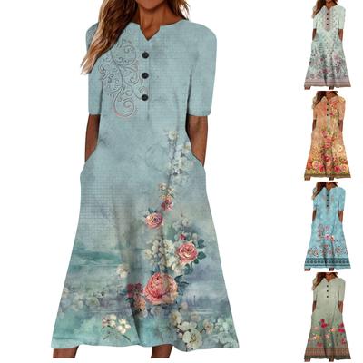 Summer Dress For Women 2023 Casual Printed V-Neck Short-Sleeve Beach Swing Dress