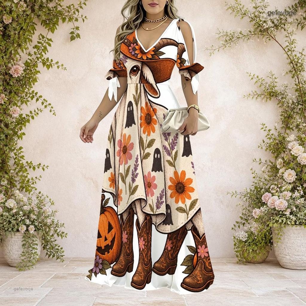 Women Plus Size V Neck Cold Shoulder Short Sleeve Halloween Pumpkin Floral Print Long Dress