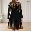 Women Plus Size V Neck Long Sleeve Black Gold Geometric Printed Curved Hem Dress