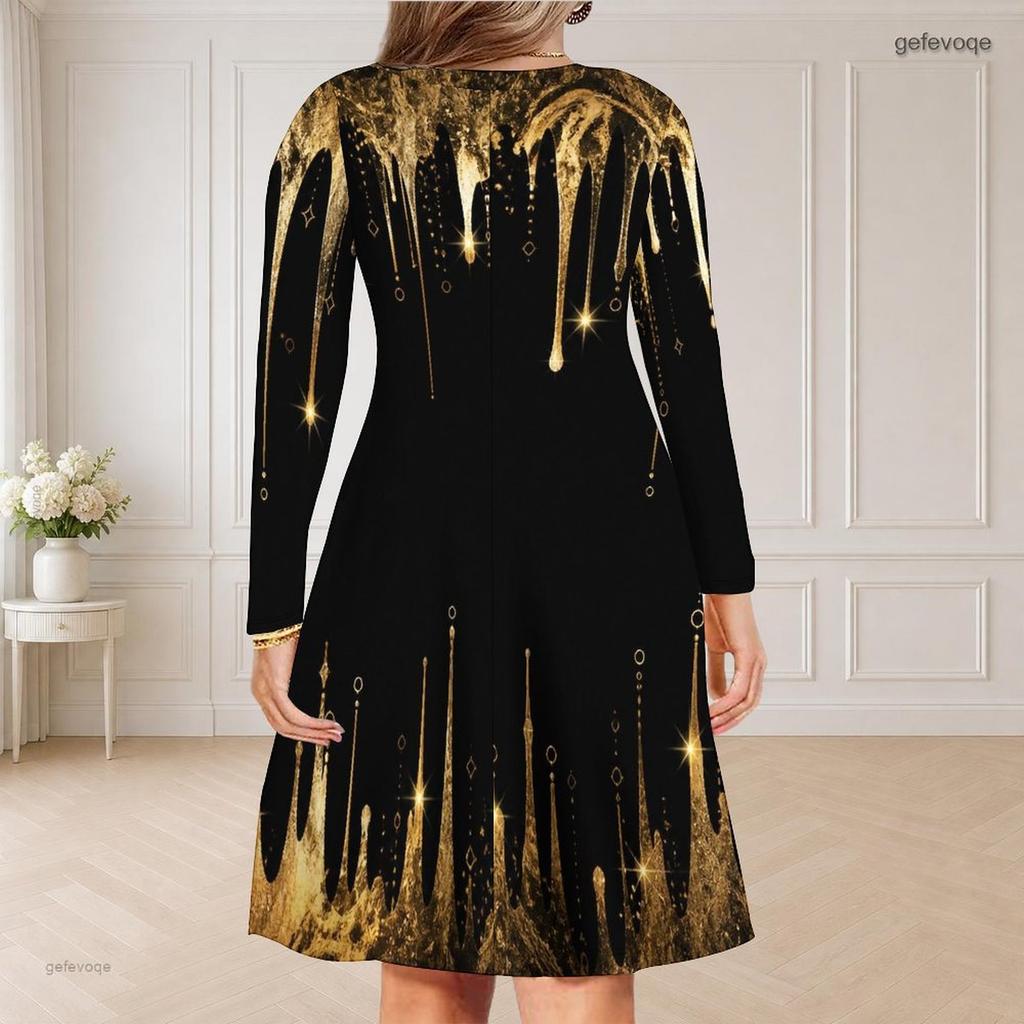 Women Plus Size V Neck Long Sleeve Black Gold Geometric Printed Curved Hem Dress