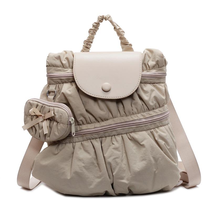 Solid Color Backpack Women's Pleated Handbag with Coin Purse