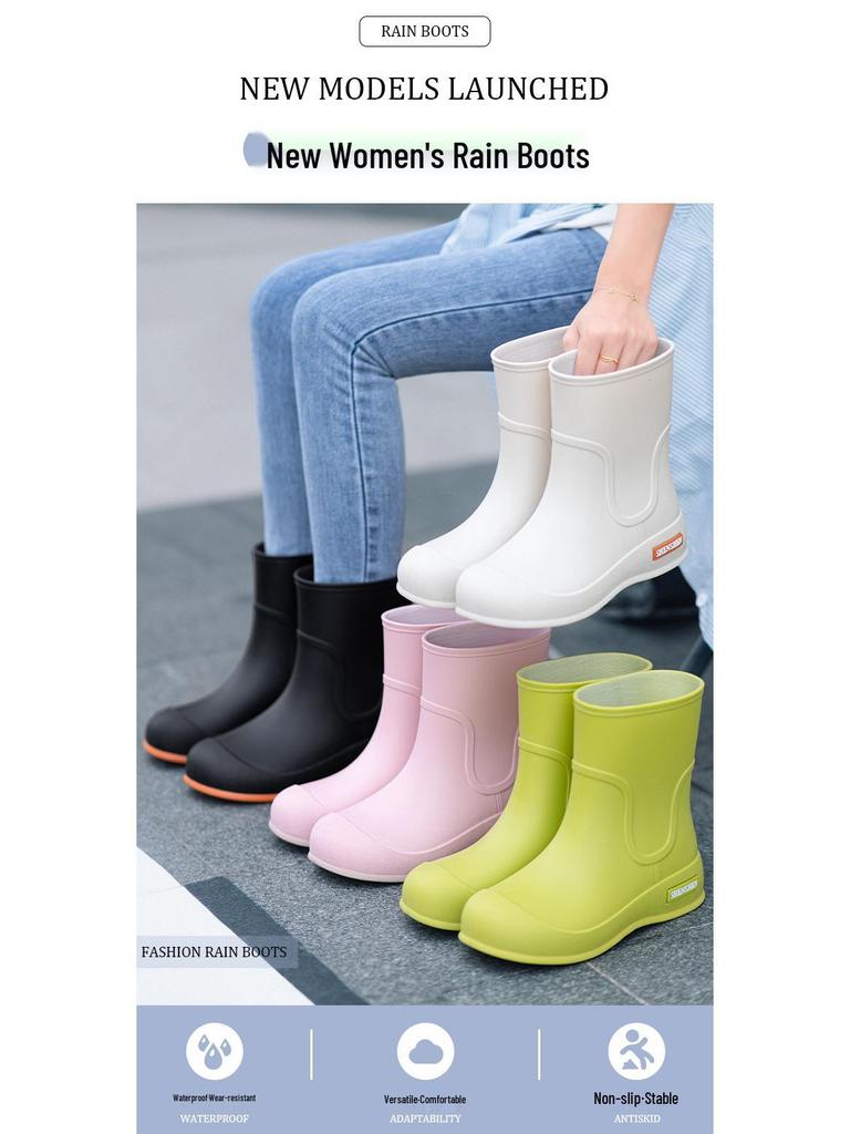 Women's Mid-Calf Waterproof Rain Boots with Fleece Lining - Fashionable, Non-Slip Outdoor Wear for Autumn and Winter