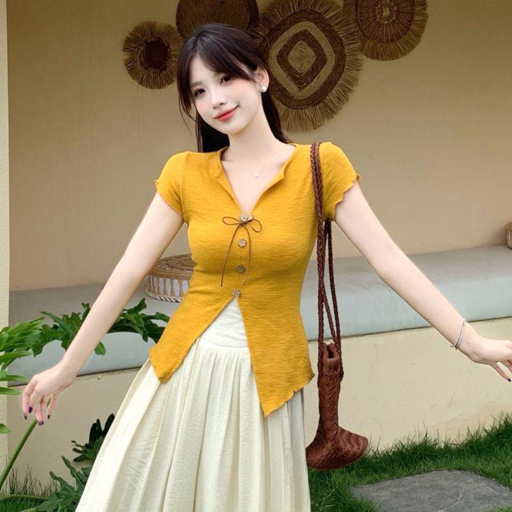 

Французский V-образный вырез С завязками Облегающий Двухпредметный: Топ с коротким рукавом и брюки с высокой талией и широкими штанинами для лета 2026 S [75-95]