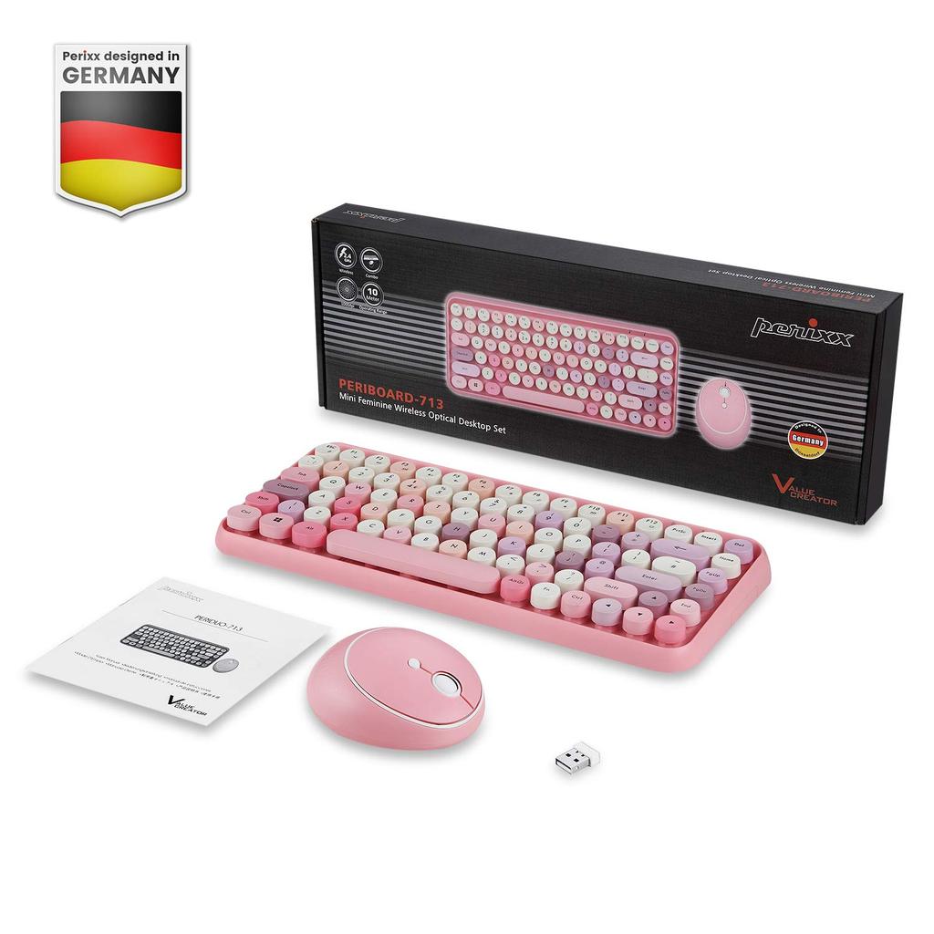 Perix PERIDUO-713PKUS Typewriter Keyboard, Pink Wireless Mouse Set, 2.4GHz Retro Design, Pastel Pink [Official Warranty] (Pink, English Layout)