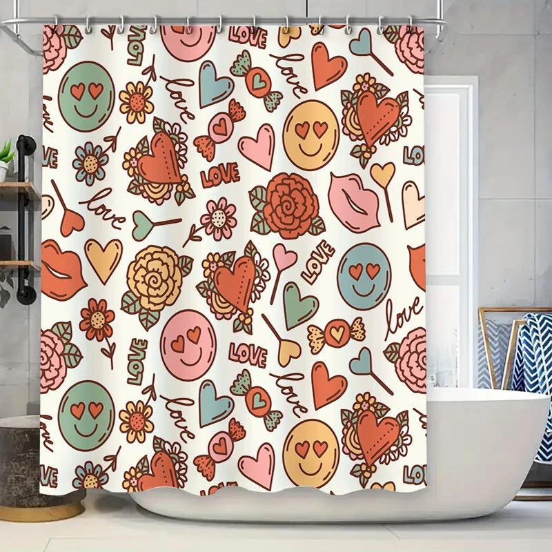 

Home Decor Shower Curtain Cute Love Hearts Floral Print for Bathroom White Fabric Waterproof Liner with Rings Various Sizes Avai W90xH180cm