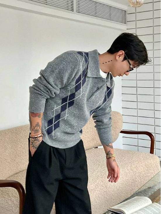 Hochwertiger Strickpullover mit Rautenmuster: Leiser Luxus, Lässiger Entspannter Stil mit Mehreren Knöpfen