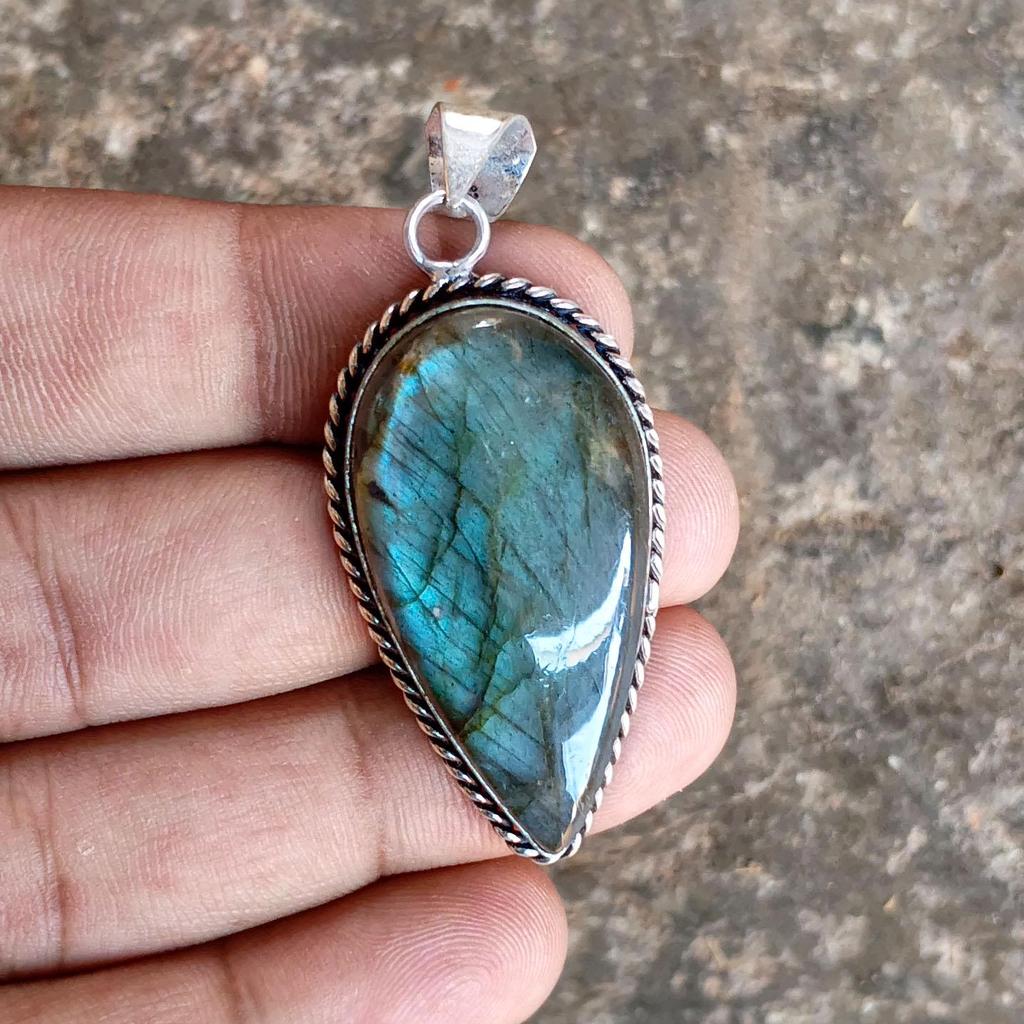 Natural Blue Labradorite Sterling Silver Pendant, Boho Statement Jewelry