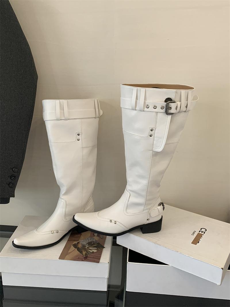 

Xieyiren white pointed boots female spice knight boots retro big tube circumference thin pile boots thick heel tall tube 39
