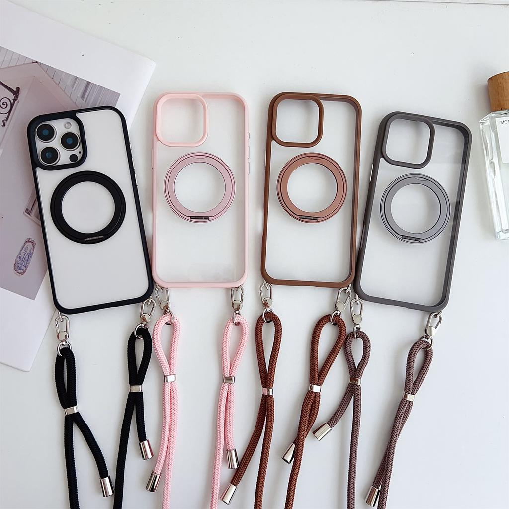 For iPhone 15 Pro Max Case Compatible with MagSafe Rotatable Kickstand PC+TPU Phone Cover with Lanyard