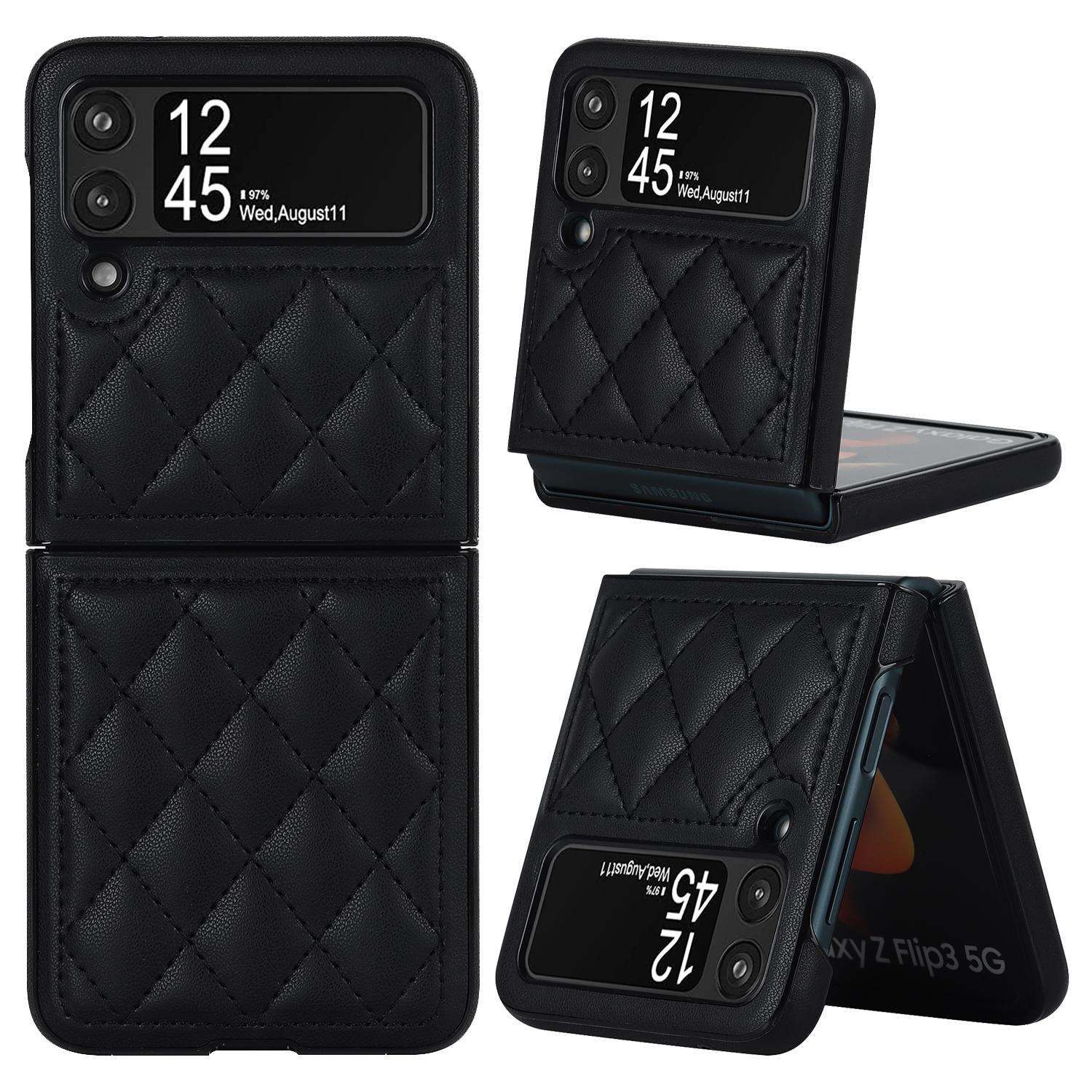 Galaxy Z Flip 7 FE 6 5 Роскошный кожаный чехол-накладка с ромбами для Samsung Z Flip6 Flip5 Flip4 Flip3 Защитный противоударный корпус Galaxy Z Flip5 чёрный