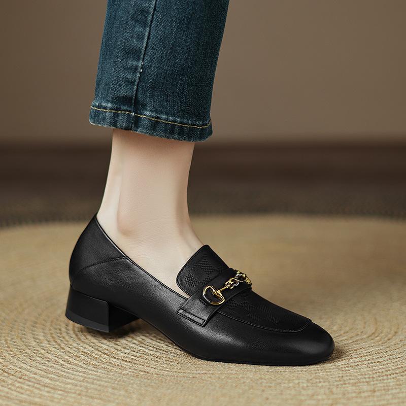 2025 Korean version square head mid-heel metal fasteners low-top women's shoes lazy two-wear women's shoes leather four-season shoes new products