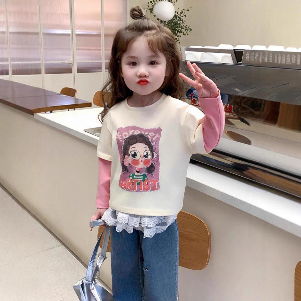 Girls' Spring & Autumn Korean Style Two-in-One Cartoon Print Long Sleeve T-Shirt - Stylish & Casual