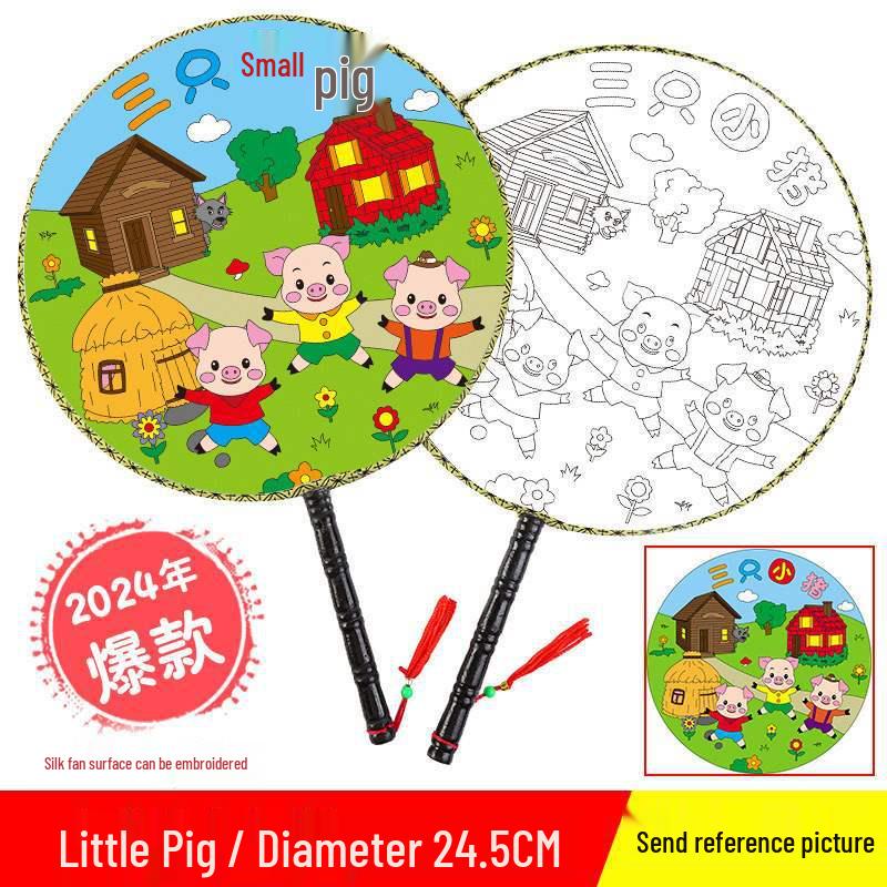 DIY Children's Silk Cloth Round Fan with Bamboo Handle - Palace Style Hand-Painted Kindergarten Craft