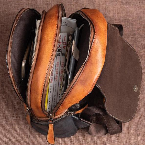 Johnature Retro ryggsekk i ekte skinn Dameveske Håndlaget preging Naturlig kuskinn Reisevesker med stor kapasitet