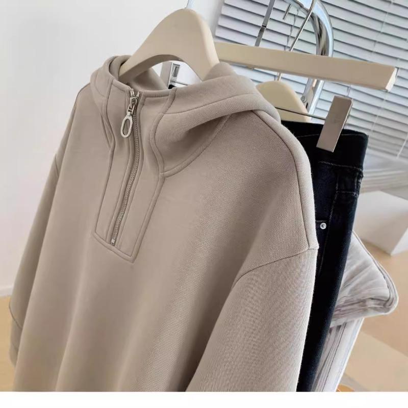 Fake two pieces fleece thickened semi-zipper hooded sweater women's autumn, winter and winter shoulder small pullover loose