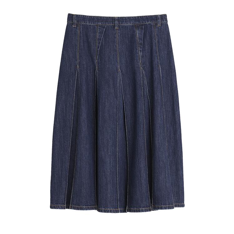 ELLE Pleated Midi Skirt With Natural Waist Solid Color Casual Long Skirt Women Skirts Dark-Denim-Blue ER47265