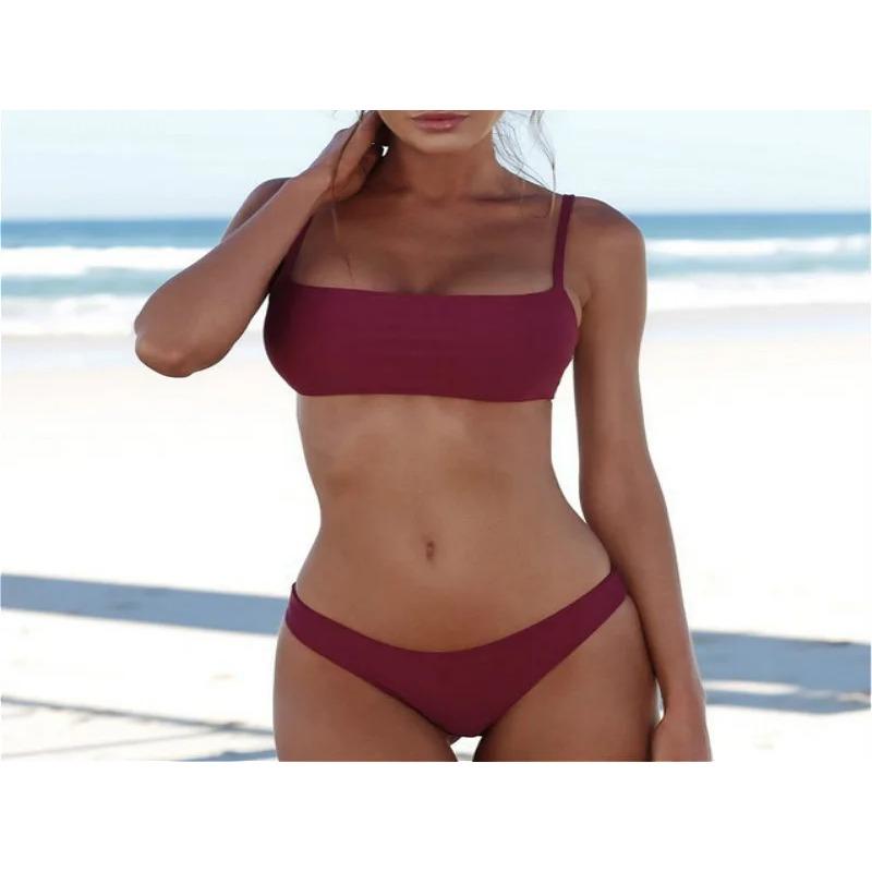 

Женский комплект однотонный женский купальник лето новый бикини сексуальный пляжный стиль купальный костюм купальник сексуальный с высокой талией купальники комплект бикини XL вино красного