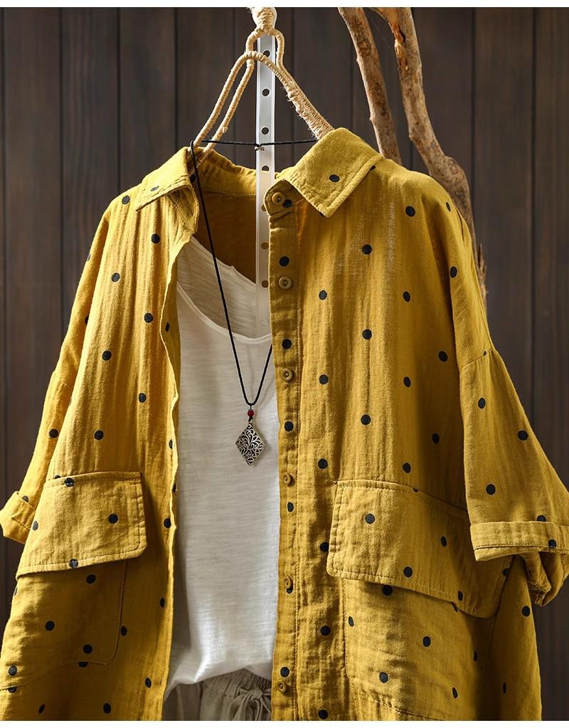 2025 Women's Cotton Linen Polka Dot Shirt - Short Sleeve, Loose Fit, Plus Size, Artistic Casual Summer Jacket