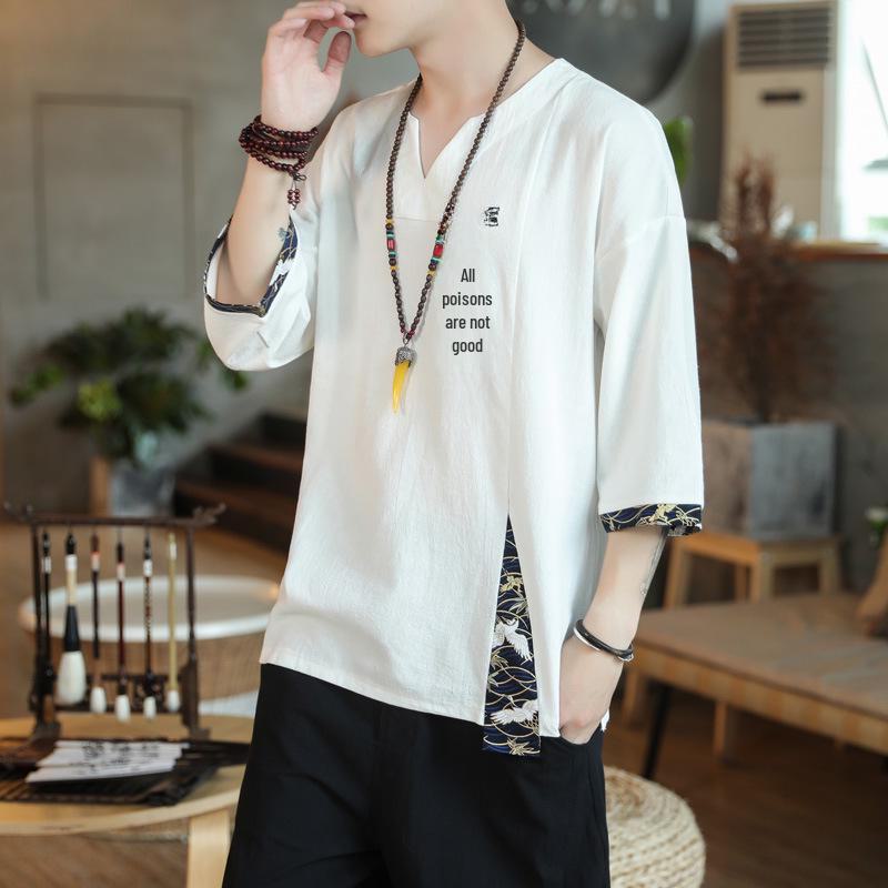 Herren Retro Stil Leinen V-Ausschnitt Besticktes T-Shirt, Lockere Passform, Dreiviertelärmel, Große Größe
