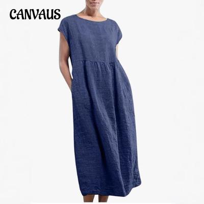 Sommerkleid Damen Rundhals Lang Ärmellos Übergröße Locker Einfarbig Lang Langer Abschnitt Große Swing Weste Baumwollleinenkleider
