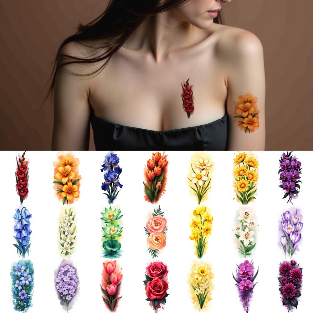 9pcs Temporary Tattoo Waterproof Long-lasting Body Stickers Sunflowers Peonies Orchids For Back Adult Male