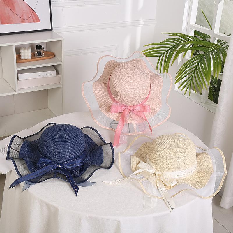 Fashion Flat-Topped Straw Hats Girls Wide Brim Sun Hat Outdoor Lace Bow Strap Lightweight Uv Protection Beach Cap